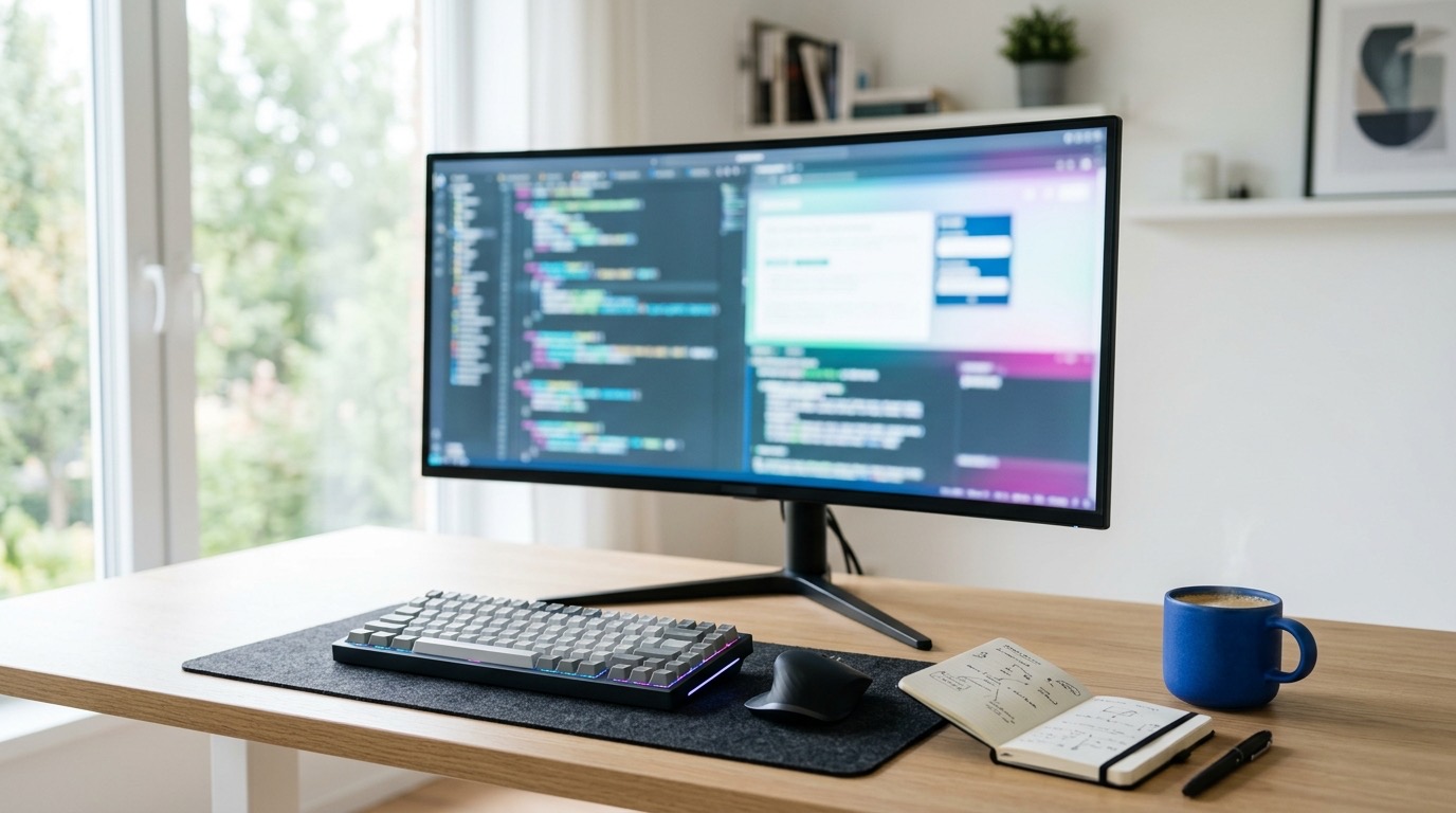 AI software development workstation with code on an ultrawide monitor — the Codex and Claude build stack