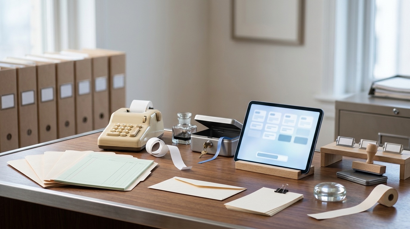 Custom accounting firm software in Baltimore: an independent practice's desk at first light with blank manila client folders, a green columnar ledger pad, an adding machine, a steel document lockbox and a tablet showing an abstract blue workflow grid