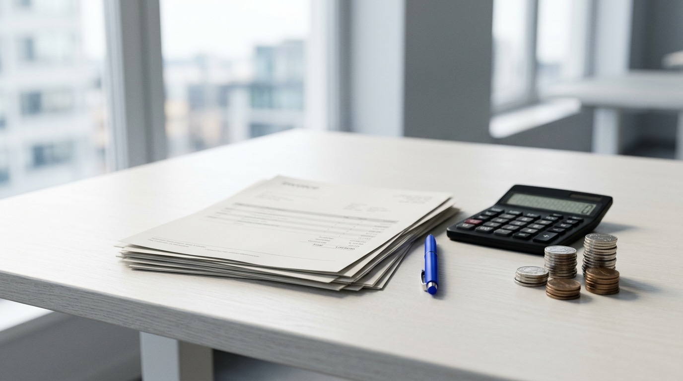Custom app development cost: a stack of software quotes with a calculator and coins on a bright desk
