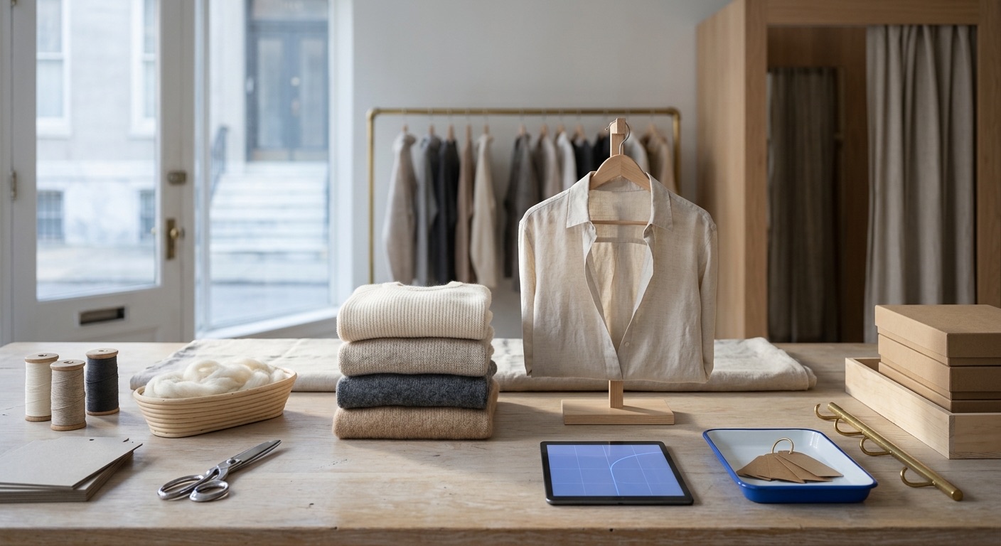 Clothing boutique software in Baltimore: a linen shirt on a wooden valet stand, folded knit sweaters, thread spools, a basket of raw wool, blank kraft hang tags in a blue enamel tray and a tablet showing an abstract blue grid, with a clothing rail behind and marble rowhouse steps visible through the shop door