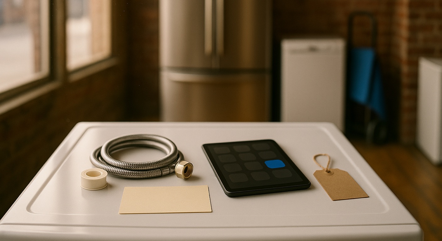 Appliance store software in Baltimore: a blank pale-yellow card, a coiled braided water-supply hose with brass fittings, a roll of thread-seal tape, a blank kraft tag and a tablet showing an abstract grid with one blue square, laid out on the white top of a new washing machine in a brick-walled showroom, with a stainless refrigerator, a dishwasher and a hand truck with a blue moving blanket behind
