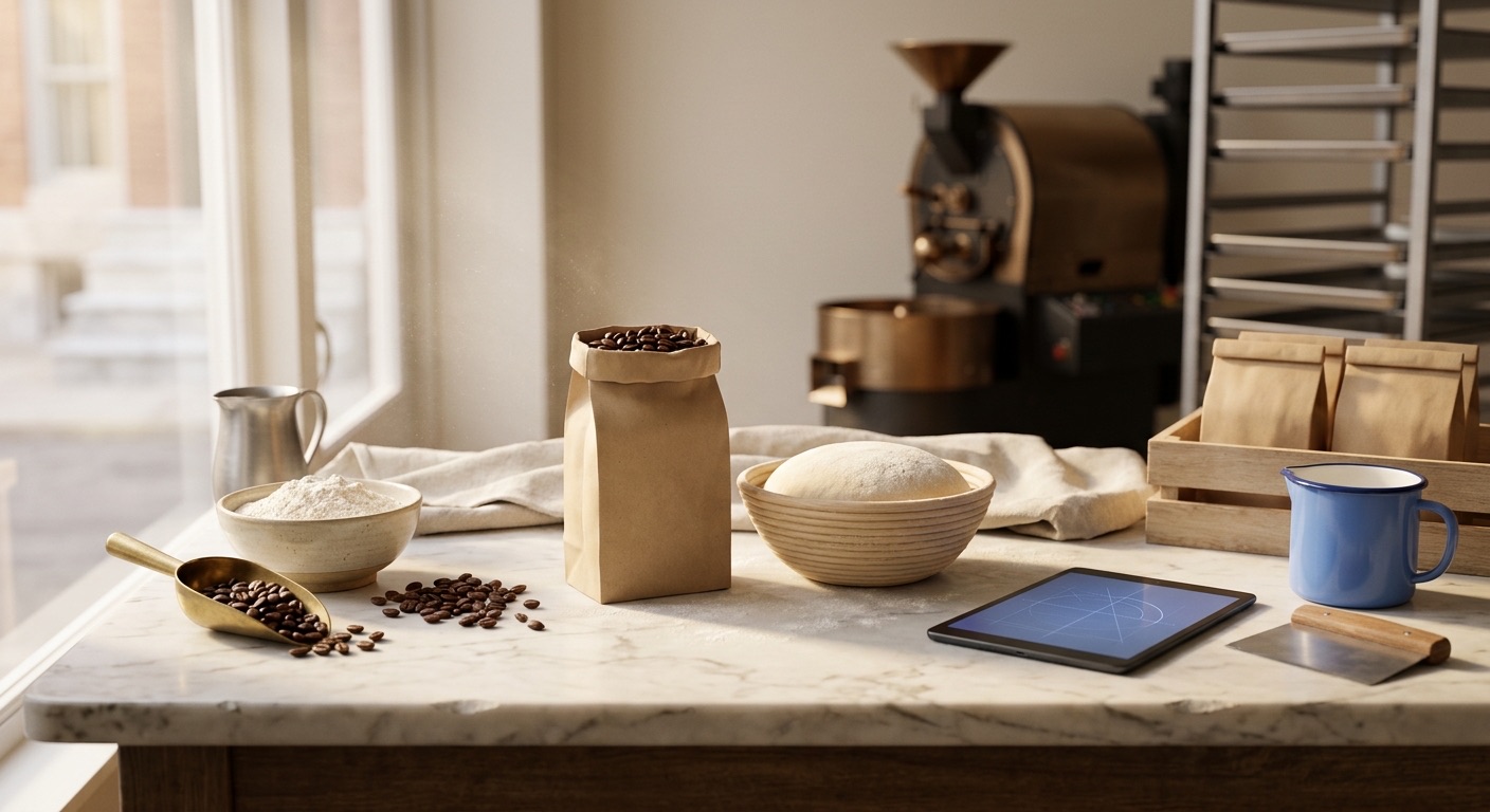 Bakery and coffee roaster software in Baltimore: a plain unprinted kraft bag of roasted coffee beans and an unmarked round of dough in a cane proofing basket on a marble bakery bench, with a flour bowl, a brass scoop, a blue enamel jug and a drum roaster behind
