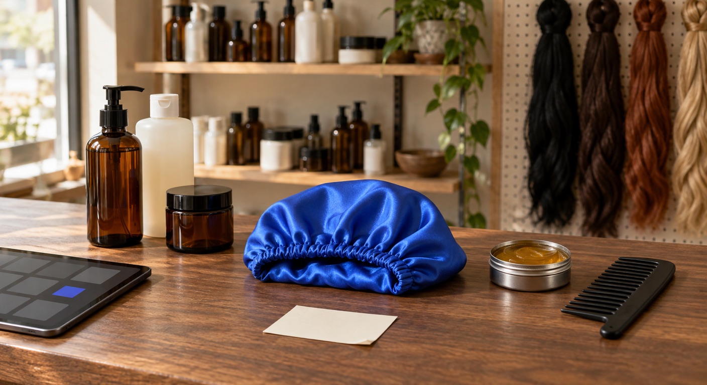 Beauty supply store software in Baltimore: a walnut shop counter with amber and white unlabeled bottles, a jar, a tin of clear styling gel, a black wide-tooth comb, a folded blue satin bonnet, a blank cream card and a tablet showing an abstract grid, in front of shelves of plain bottles and a pegboard of braiding hair in black, brown, auburn and honey blonde
