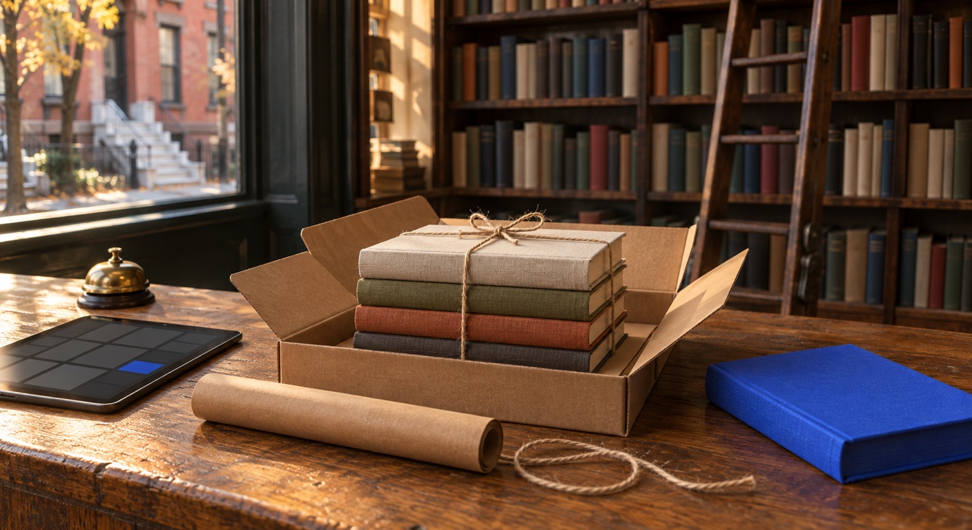 Bookstore software in Baltimore: a stack of four plain clothbound books tied with twine inside an open kraft mailer box on an oak bookstore counter, beside a blue clothbound book, a roll of kraft paper, a brass bell and a tablet showing an abstract grid, with tall bookshelves and a rolling ladder behind and a Baltimore rowhouse with marble steps through the window
