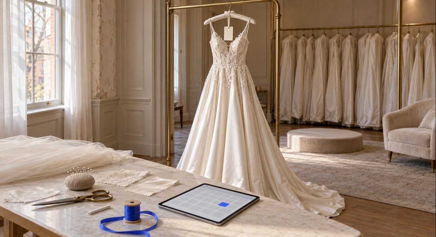 Bridal shop software in Baltimore: an ivory satin wedding gown with a lace bodice on a padded hanger, hanging from a brass rail in a small salon in an old rowhouse before the first appointment of the day, with a blank cream hang tag tied to the hanger; a marble-topped fitting table in front holds sheer tulle, lace and satin swatches, a pincushion, brass shears, tailor's chalk, a spool of blue ribbon and a tablet showing a grid of pale rectangles with one blue rectangle; behind the gown are a long rail of plain garment bags, a round fitting pedestal, a velvet armchair and tall sash windows