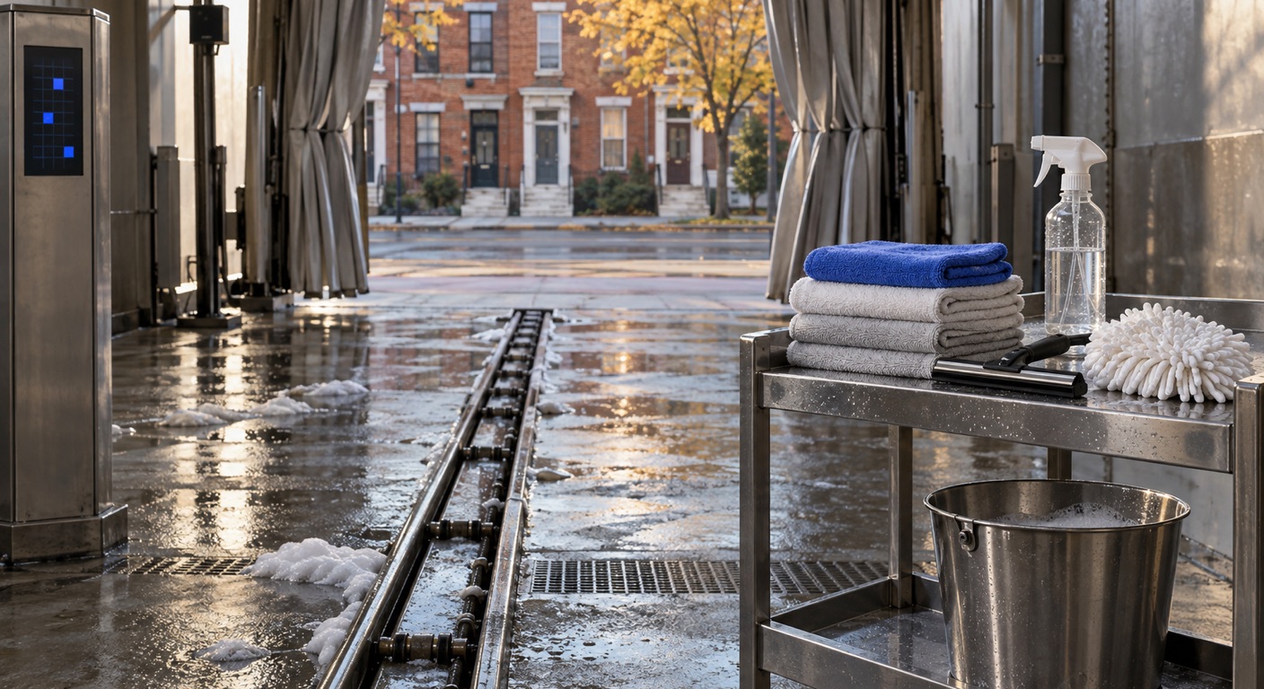 Car wash software in Baltimore: the empty entrance of an express car wash tunnel on an October morning, wet concrete and a conveyor track running out toward red-brick Baltimore rowhouses with white marble steps, a stainless pay station whose screen shows an abstract grid, and a steel cart holding a folded cornflower-blue microfiber towel on a stack of grey towels, a spray bottle, a squeegee, a wash mitt and a bucket of foam