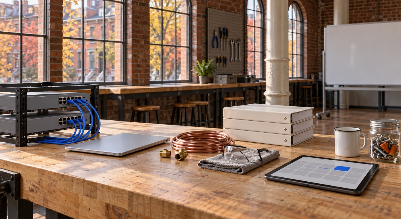 Career school and coding bootcamp software in Baltimore: a training lab in a converted Baltimore brick mill before a cohort arrives, with a rack of two network switches and cornflower-blue patch cables, a closed laptop, a coil of copper tubing and brass fittings, safety glasses on a shop towel, three plain binders, an enamel mug, a jar of screws and wire nuts, a tablet showing a weekly grid with one blue block, a pegboard of hand tools, a wiped whiteboard and arched windows onto rowhouses