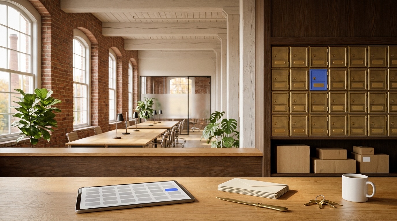 Coworking and virtual office software in Baltimore: the front room of a coworking space in a converted nineteenth-century Baltimore cotton mill in soft morning light, with tall arched windows, exposed brick, whitewashed timber beams and long shared oak desks with black lamps, a wall of aged brass private mailboxes with blank nameplates and one cornflower-blue door, plain kraft parcels on a shelf below, and on an oak counter in front a tablet showing a grid of gray rectangles with one blue rectangle, a stack of cream envelopes, a brass letter opener, a ring of brass keys and a white mug of coffee
