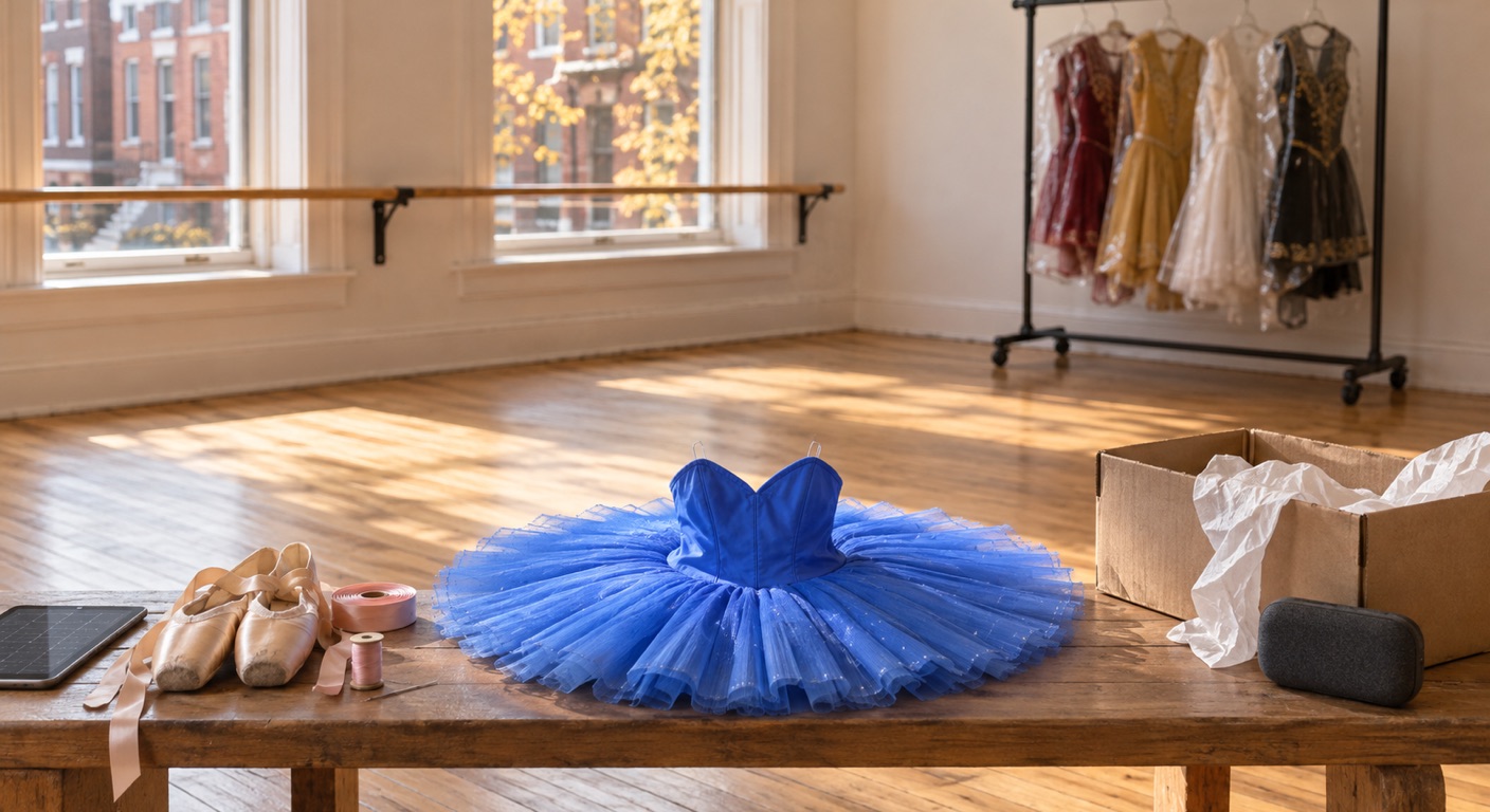 Dance studio software in Baltimore: a cornflower-blue classical tutu laid on a worn wooden bench in an empty sunlit dance studio on the second floor of a Baltimore rowhouse, beside worn pink pointe shoes with coiled ribbons, a spool of pink ribbon and thread, an open kraft costume box with white tissue paper, a small charcoal speaker and a tablet showing an abstract grid, with a ballet barre under tall windows looking out on red-brick rowhouses with white marble steps and a rolling rail of recital costumes in garment bags
