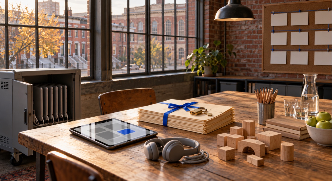 Edtech software in Baltimore: the workroom of a small education-software studio in a converted brick mill, with a closed brass padlock and key resting on cream folders tied with a cornflower-blue ribbon, a charging cart of closed student laptops, a tablet showing a grid with one blue block, children&rsquo;s headphones, plain wooden building blocks, unpainted pencils, kraft notebooks, a water carafe and green apples, and through steel-framed windows Baltimore rowhouses with white marble steps and an old red-brick school