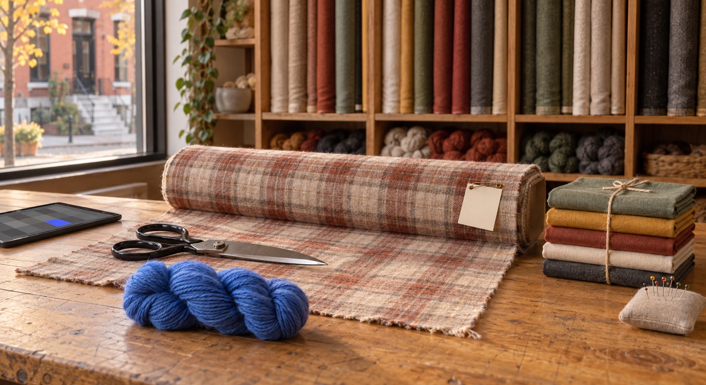 Fabric, quilt and yarn shop software in Baltimore: a bolt of oatmeal and rust plaid cotton flannel partly unrolled on a maple cutting table with dressmaker&rsquo;s shears, a blank card pinned to the bolt, a single blue hank of yarn, a stack of five folded fat quarters tied with twine, a pincushion and a tablet showing an abstract grid, with cubbies of fabric bolts and yarn behind and a Baltimore rowhouse with marble steps through the window