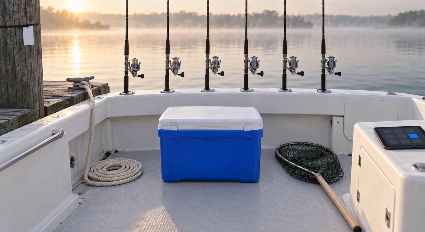 Fishing charter software in Baltimore: the stern deck of a white charter boat at dawn on the Chesapeake, with six fishing rods in their rod holders, a blue cooler, a coiled dock line, an empty landing net, a tablet showing an abstract grid with one blue square, and a blank white card tied to a dock piling