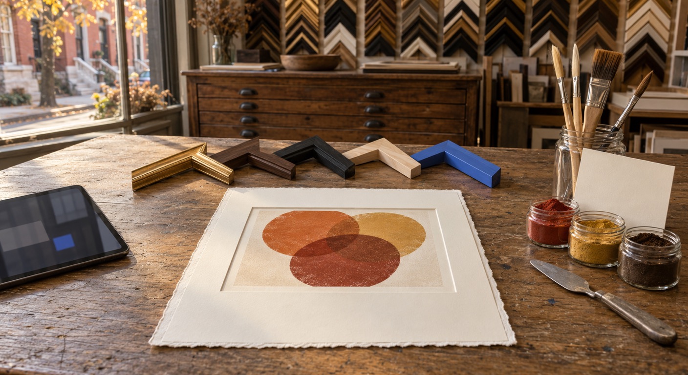Frame shop and art supply store software in Baltimore: a hand-pulled abstract print of three overlapping circles in burnt orange, ochre and brick red lying in a cream bevel-cut mat on a worn oak table, its bottom margin blank, with five picture-frame corner samples in gold, walnut, black, maple and one cornflower blue, a jar of brushes, three jars of dry pigment, a palette knife, a blank card and a tablet showing an abstract grid, in front of a wall of frame samples and a window onto Baltimore rowhouses with marble steps