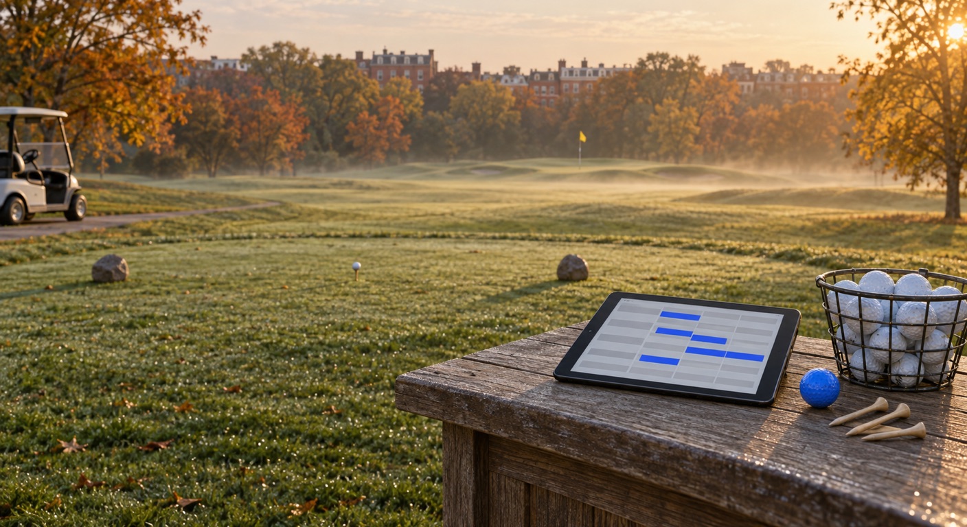 Golf course software in Baltimore: the first tee of an empty public golf course at sunrise in October, dew on the grass and mist over the fairway toward a distant flag, red-brick Baltimore rowhouses above autumn trees, a white golf cart at the edge, and on a weathered teak starter’s podium a tablet showing an abstract tee sheet with cornflower-blue bookings, a wire basket of range balls, three wooden tees and one cornflower-blue golf ball
