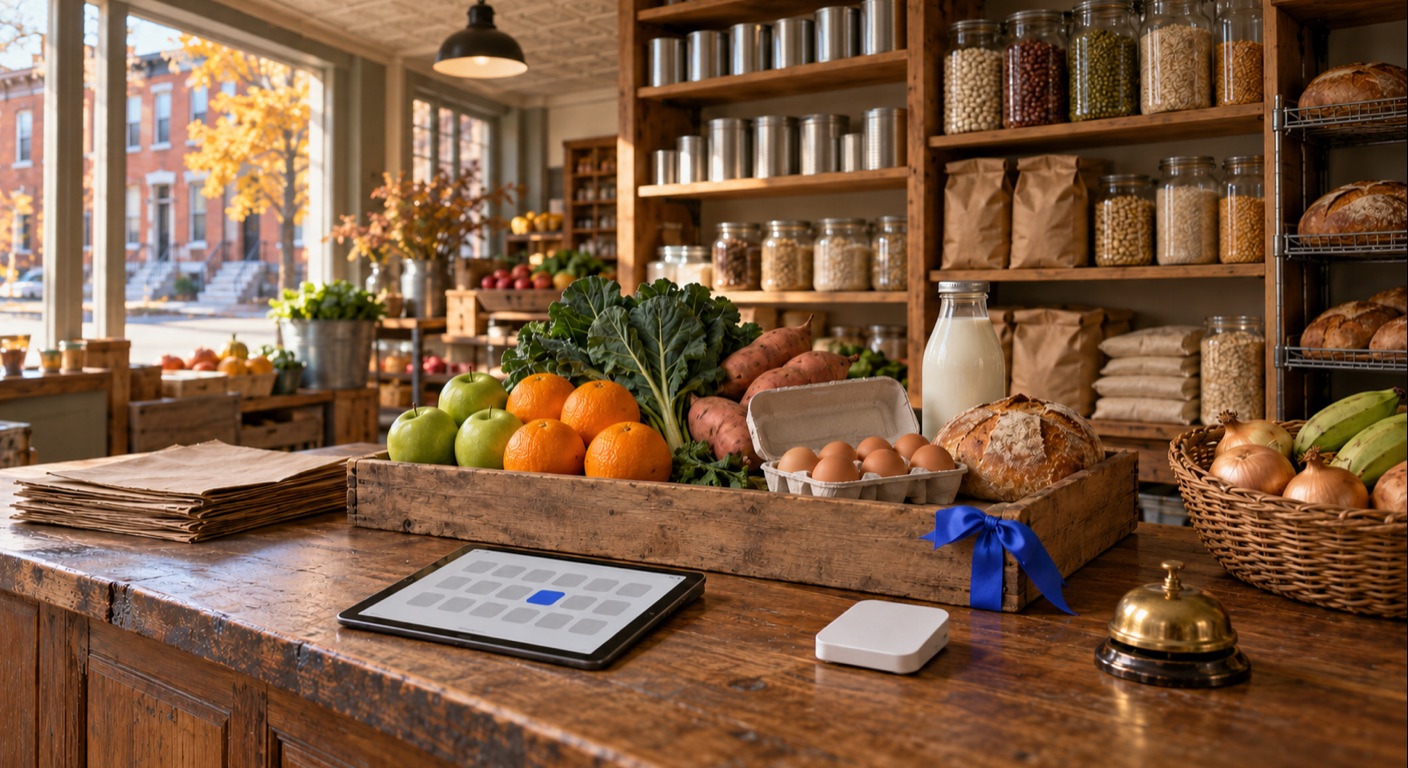 Grocery store software in Baltimore: a small corner grocery before opening, with a wooden produce crate of apples, oranges, collard greens, sweet potatoes, eggs, a bottle of milk and a loaf of bread tied with a cornflower-blue ribbon on a worn wooden counter, a tablet showing a grid with one blue square, a small white card reader, folded brown paper bags, a brass bell, jars of beans and grains on pine shelves, and through the window Baltimore rowhouses with white marble steps