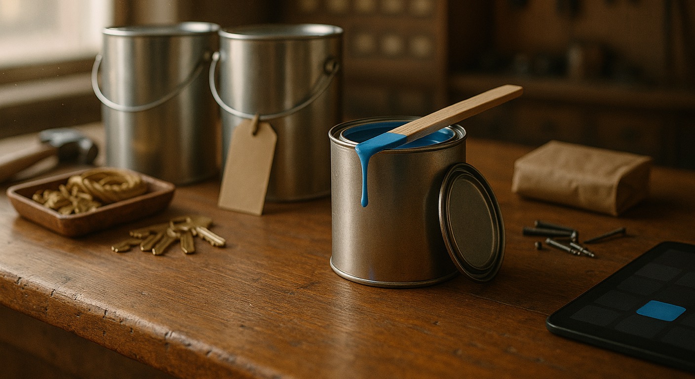 Hardware and paint store software in Baltimore: an open can of cornflower-blue paint with a stirring paddle on a worn wooden shop counter, beside two unlabeled gallon cans with a blank kraft tag, a tray of brass key blanks, a hammer, loose screws, a kraft paper bag and a tablet showing an abstract grid with one blue square