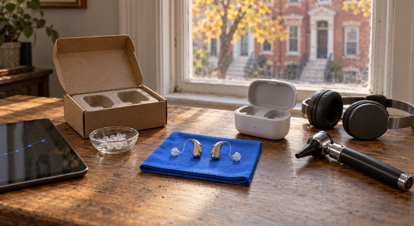 Hearing aid and audiology software in Baltimore: a pair of champagne-colored receiver-in-canal hearing aids on a folded cornflower-blue cloth on a worn oak desk, with an opened kraft mailer box and its empty pulp insert, a glass dish of silicone domes, an open charging case, audiometric headphones, an otoscope and a tablet showing an abstract chart, in front of a window looking out on Baltimore rowhouses with white marble steps
