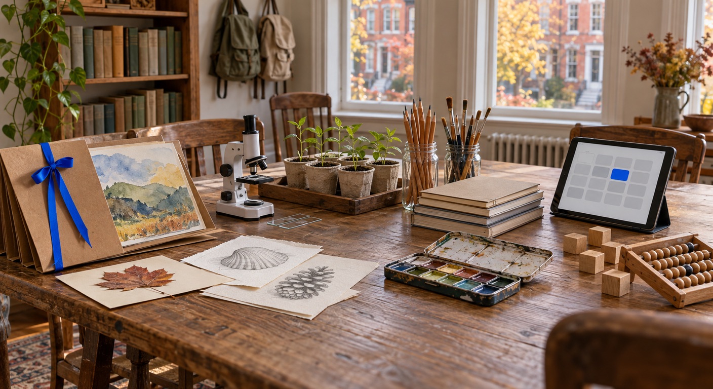 Homeschool co-op and microschool software in Baltimore: a rowhouse dining table set up for a homeschool co-op morning, with a kraft-paper portfolio folder tied with a cornflower-blue ribbon and holding a child&rsquo;s watercolor, a pressed maple leaf and pencil sketches of a shell and a pinecone, a student microscope, bean seedlings in paper cups, jars of pencils and brushes, plain notebooks, a watercolor tin, wooden cubes and an abacus, a tablet showing a weekly grid with one blue block, and Baltimore rowhouses with marble steps through the window