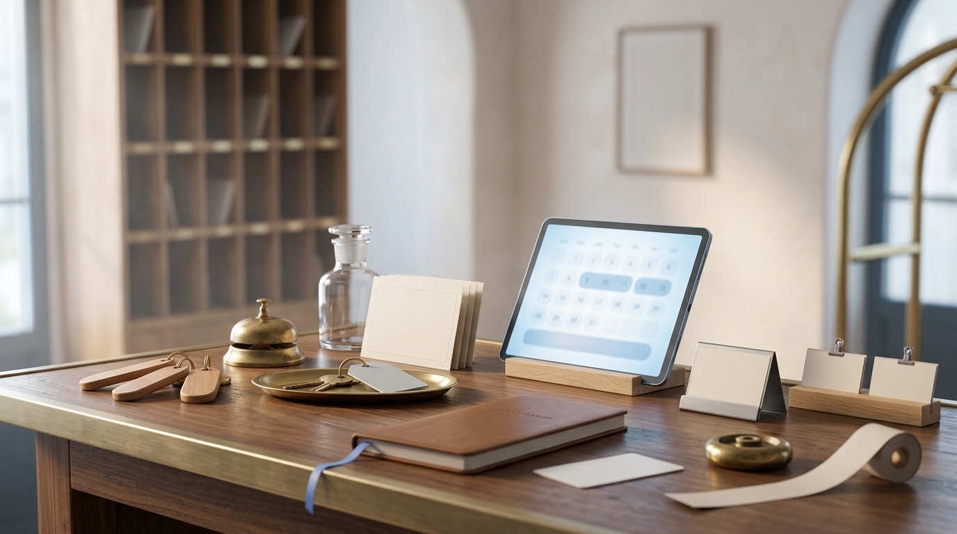 Custom hotel software in Baltimore: an independent hotel front desk at first light with brass room keys, a reception bell, folio cards and a tablet showing an abstract blue booking calendar grid