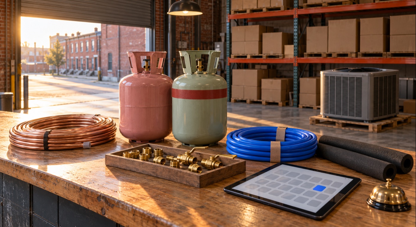 HVAC and plumbing supply house software in Baltimore: the will-call counter of a supply house in an old brick warehouse at dawn, with a rose-pink refrigerant cylinder and a gray-green cylinder with a red band standing side by side, a coil of copper line set, a wooden tray of brass fittings and ball valves, a coil of cornflower-blue PEX tubing, black pipe insulation, a tablet showing a grid with one blue square and a brass bell, pallet racking with plain boxes, an outdoor condensing unit on a pallet and, through the open loading door, Baltimore rowhouses with white marble steps