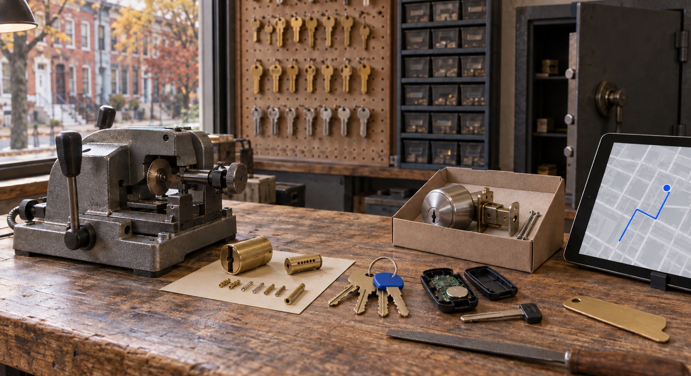 Locksmith software in Baltimore: a locksmith’s oak workbench in a rowhouse storefront, with a key-cutting machine, a lock cylinder taken apart for rekeying with its brass pins and springs laid out on a card, a ring of house keys with one cornflower-blue key cap, an opened car key fob with its coin battery, a new deadbolt in its box, a tablet showing a street map with a blue route, a pegboard of blank keys and a safe behind, and Baltimore rowhouses with marble steps through the window