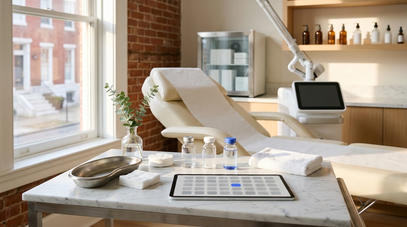 Med spa software in Baltimore: a treatment room in a restored Baltimore rowhouse before the first appointment, with a marble-topped cart holding three unlabeled glass vials with silver, white and cornflower-blue caps, a stainless tray, gauze, a folded towel, a sprig of eucalyptus and a tablet showing a grid with one blue square, a cream treatment chair with paper, a white aesthetic laser with a blank screen, a small medical refrigerator, amber skincare bottles on an oak shelf and, through the window, brick rowhouses with white marble steps