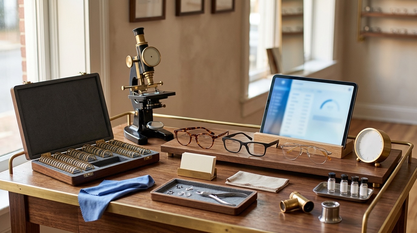 Custom optometry and optical software in Baltimore: a dispensing table with an open trial lens case, a brass instrument, empty spectacle frames on a rail, a blank-faced clock and a tablet showing an abstract blue queue