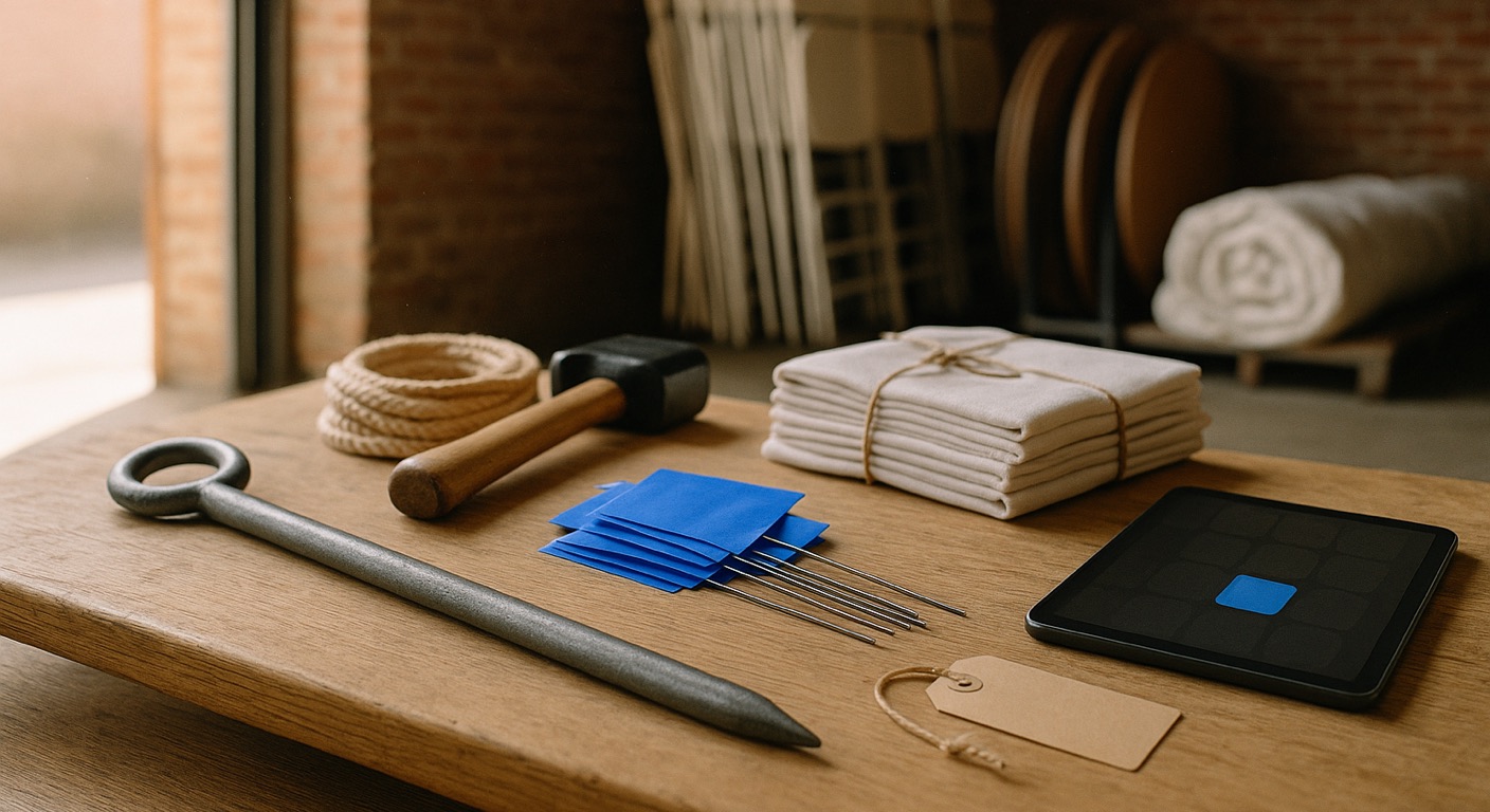 Party rental software in Baltimore: a steel tent stake, a bundle of blank blue survey marker flags, a sledgehammer, a coil of rope, folded white tablecloths, a blank kraft tag and a tablet showing an abstract grid with one blue square, laid out on an oak workbench in a brick rental warehouse with folding chairs, round tabletops and rolled tent canvas behind