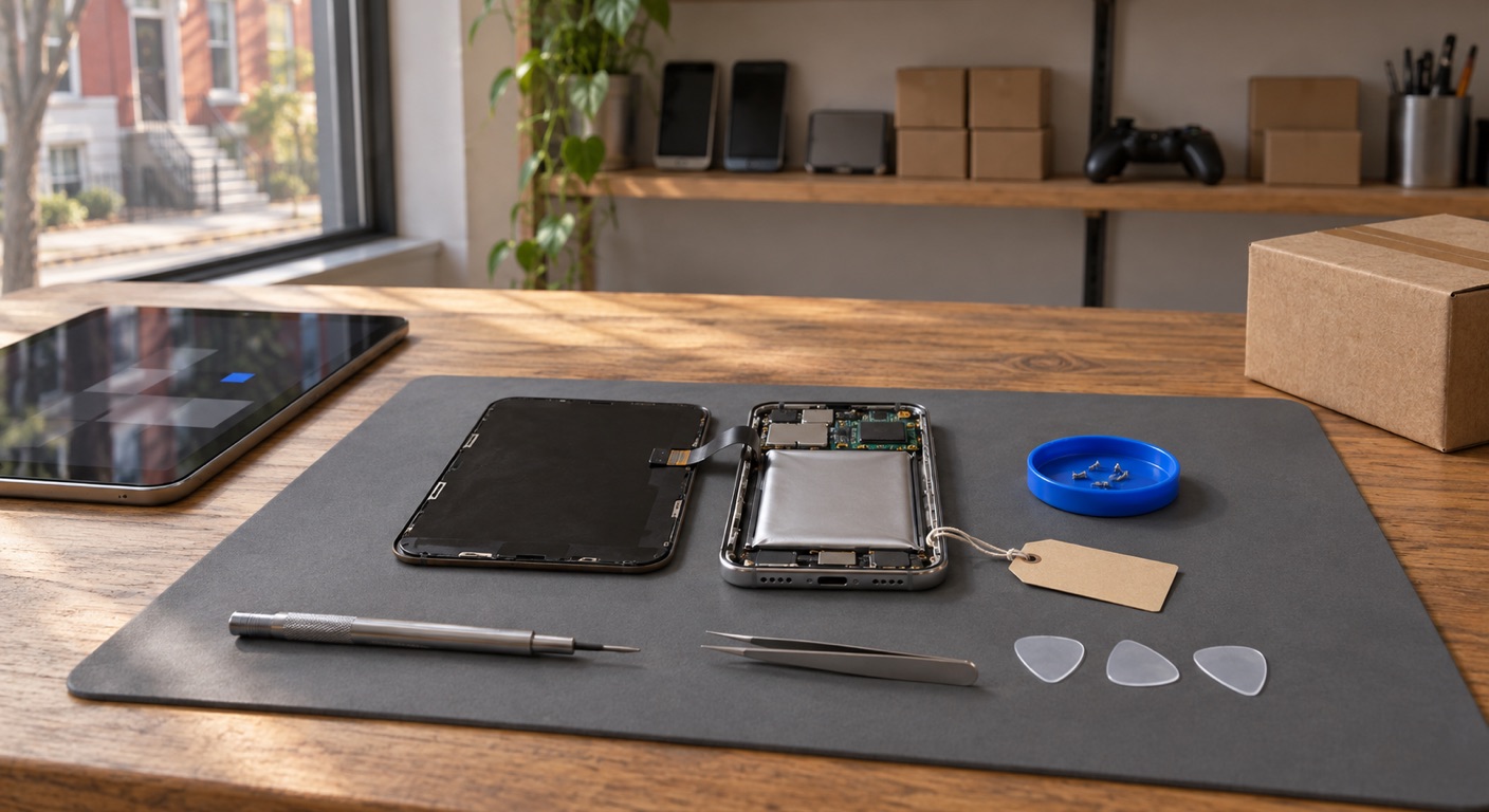 Phone repair shop software in Baltimore: an opened smartphone on a slate-grey repair mat, its screen lifted beside a silver battery pouch, with a blue tray of tiny screws, a precision screwdriver, tweezers, three opening picks, a blank manila repair tag, a tablet showing an abstract grid and a sealed shipping box, by a shop window facing a Baltimore rowhouse