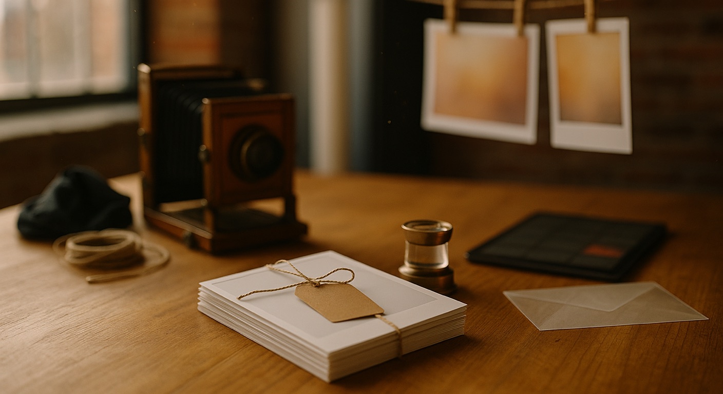 Photography studio software in Baltimore: a stack of blank white prints tied with twine and a blank kraft tag on an oak studio table, beside a brass loupe, an antique wooden field camera, prints hanging on a line, a glassine envelope and a tablet showing an abstract grid with one coral square