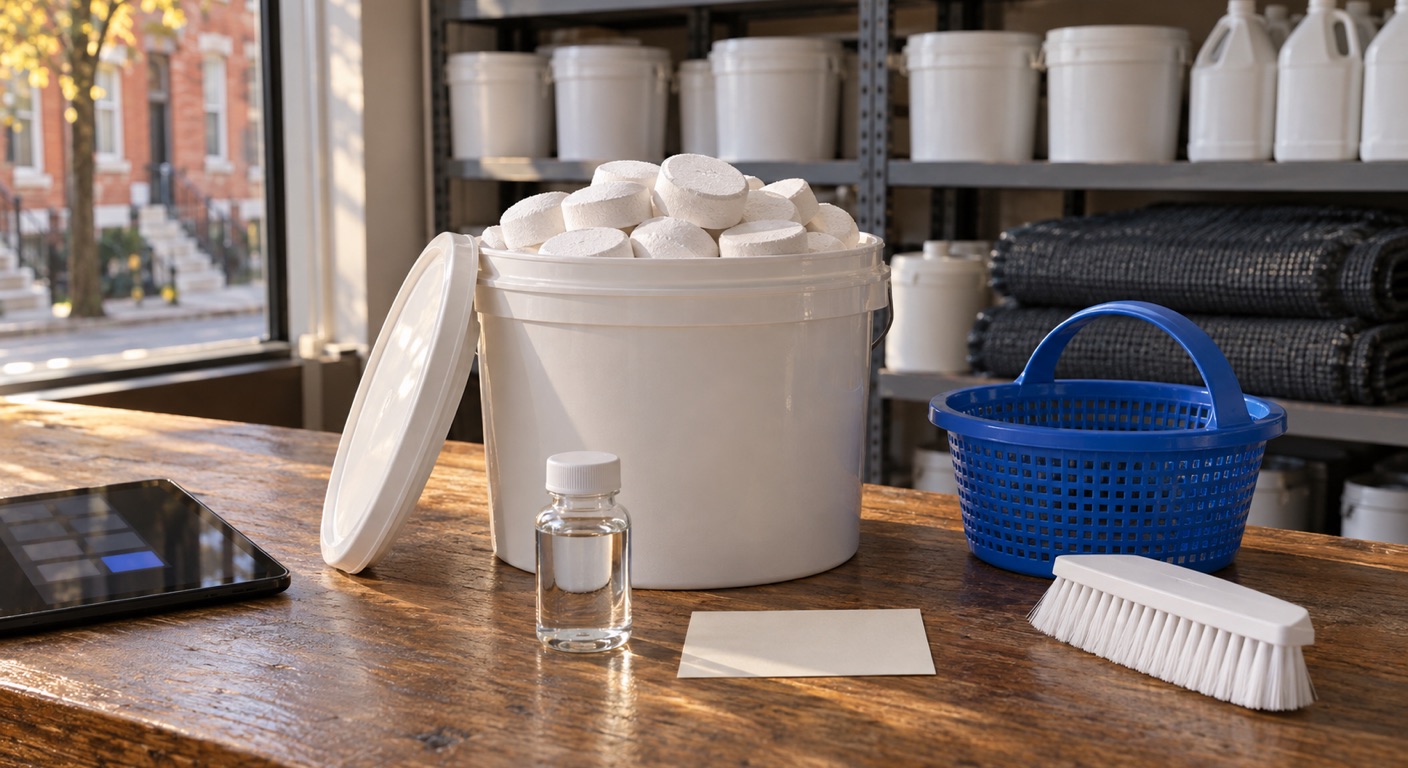 Pool store software in Baltimore: an open white pail heaped with chlorine tablets on an oak sales counter, beside a small glass bottle of pool water, a blank index card, a blue skimmer basket, a white brush and a tablet showing an abstract grid, with shelves of unlabeled pails and jugs behind and a Baltimore rowhouse visible through the shop window