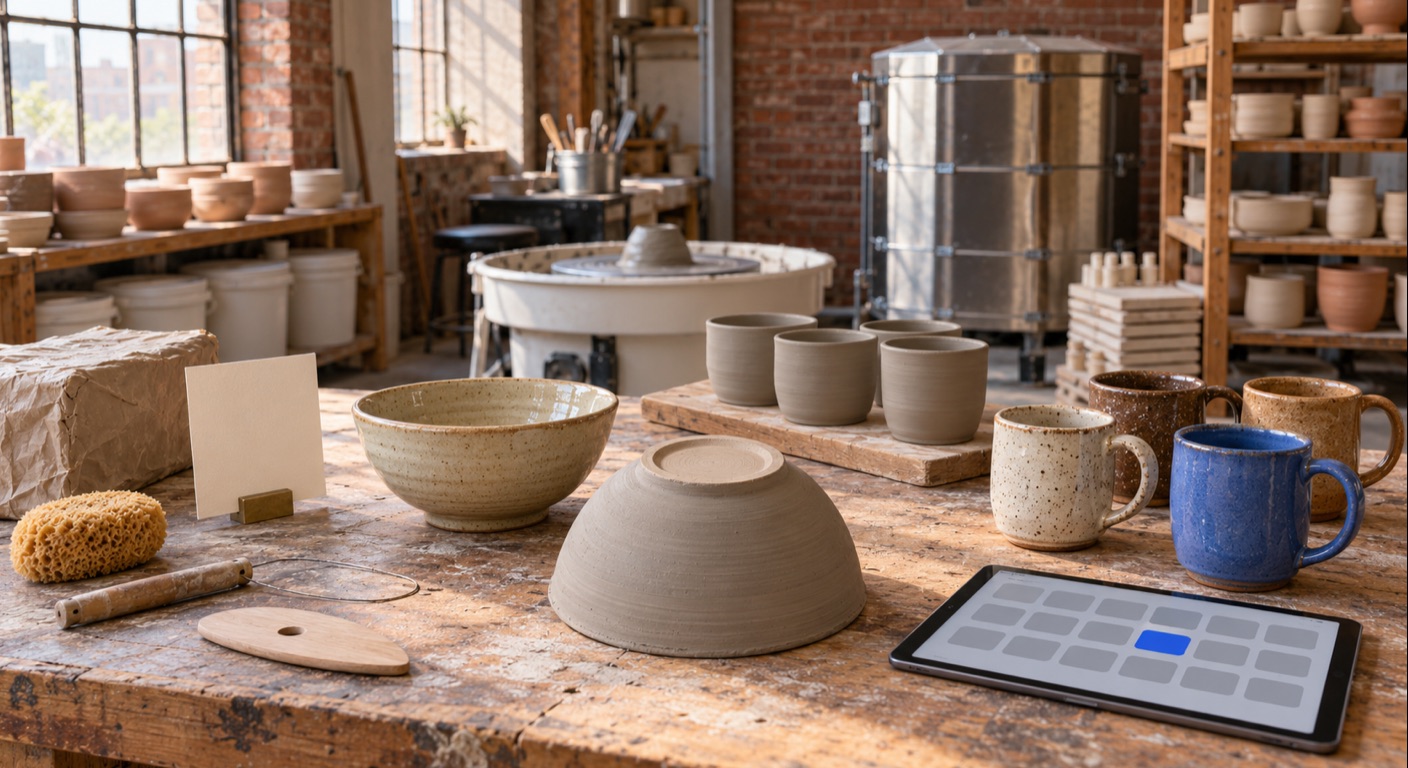 Pottery studio software in Baltimore: a small pottery studio in an old brick mill building before the first class of the day, with tall industrial windows looking out on brick buildings, shelves of bisque-fired and unfired pots, white glaze buckets, an electric potter's wheel with a mound of wet clay, a tall stainless-steel electric kiln and a stack of kiln shelves and posts; on the clay-stained worktable in front, a stoneware bowl turned upside down to show its blank, unglazed base next to an upright glazed bowl, a board of unfired cups, speckled mugs and one blue mug, a sponge, a wire clay cutter, a wooden rib, a block of clay in kraft paper, a blank card in a brass holder and a tablet showing a grid of gray rectangles with one blue rectangle