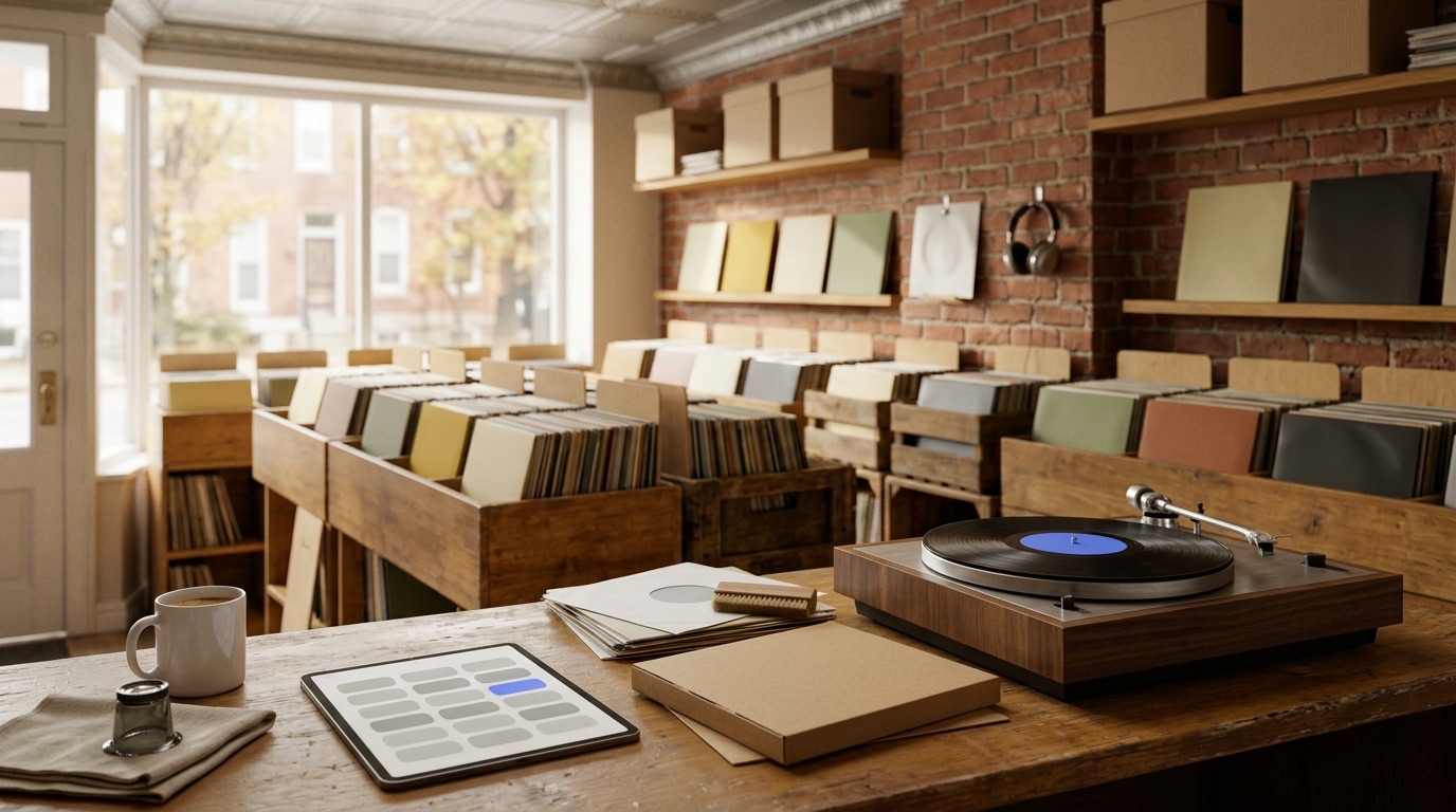 Record store software in Baltimore: the inside of a small independent record store in an old brick rowhouse in late-morning light, with wooden crates and browser bins of records in plain colored sleeves, oak shelves on an exposed brick wall, closed-back headphones on a hook and a front window onto a rowhouse street with autumn trees, and on the counter in front a walnut turntable playing a black record with a plain blue center label, a stack of records in white inner sleeves, a cleaning brush, a kraft LP mailer, a tablet showing a grid of gray rectangles with one blue rectangle, a white mug of coffee and a jeweler's loupe on a linen cloth