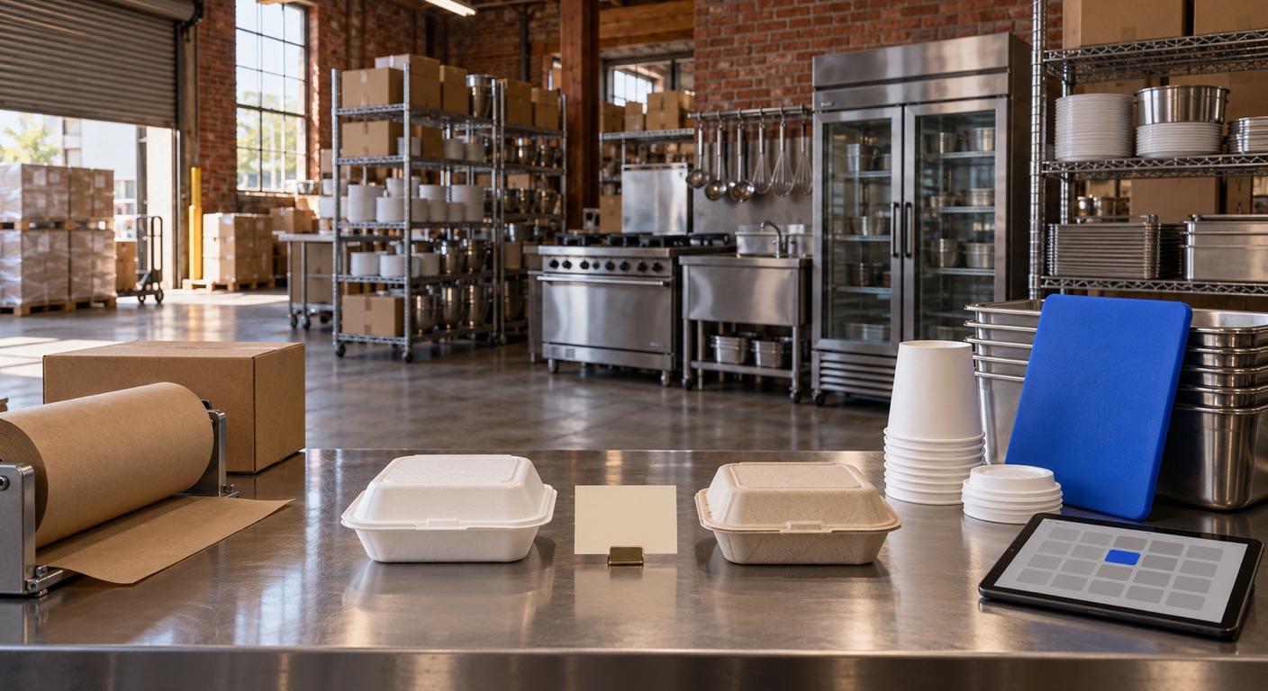 Restaurant supply store software in Baltimore: the cash-and-carry floor of a supply store in an old brick warehouse just before opening, with a half-open roll-up loading door and shrink-wrapped pallets, wire shelving stocked with plain cartons, stainless pans and stacks of white plates, and a range, a prep sink and a glass-door reach-in refrigerator on the sales floor; on the stainless counter in front, a white foam clamshell and a molded fiber clamshell of the same size side by side with a blank card in a brass holder between them, a stack of plain paper cups and lids, a blue cutting board leaning on stainless hotel pans, a roll of kraft paper on a dispenser and a tablet showing a grid of gray rectangles with one blue rectangle