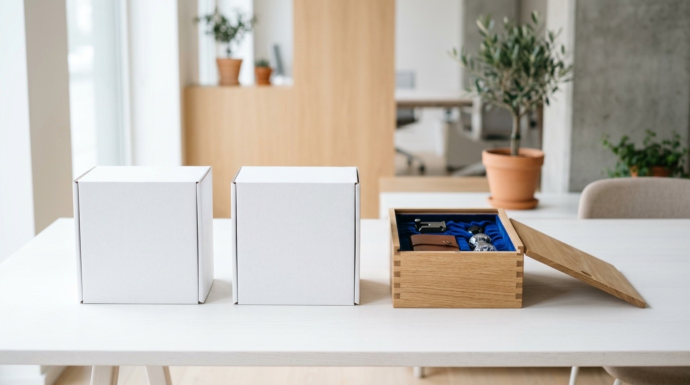 Two identical off-the-shelf software boxes next to one custom-built wooden crate — SaaS versus custom software
