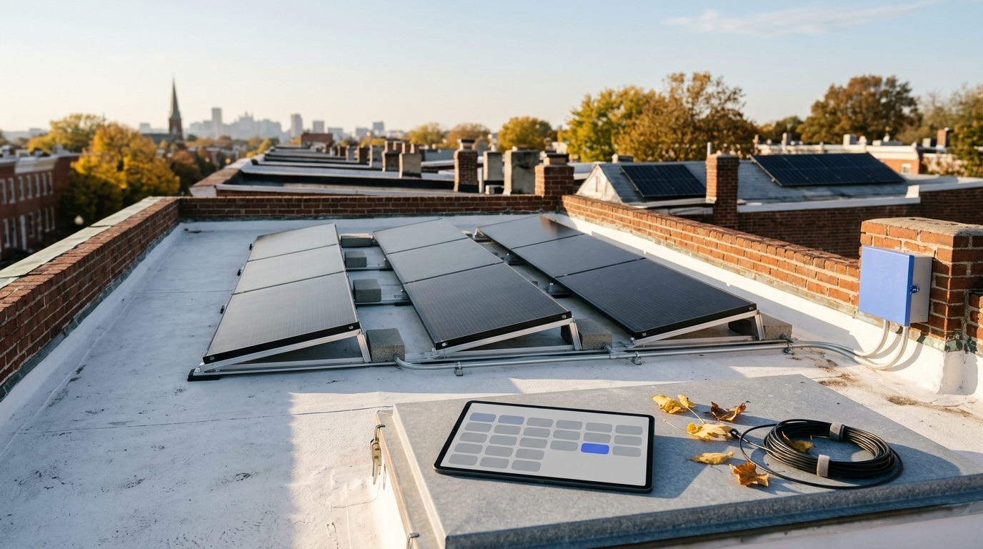 Solar installer software in Baltimore: the flat roof of a nineteenth-century Baltimore brick rowhouse in late-afternoon October light, with three rows of black solar panels on low ballasted aluminum racks set back from the front parapet, galvanized conduit running to a small enclosure with a cornflower-blue lid on the rear parapet, a tablet on a closed roof hatch showing a grid with one blue rectangle, dry leaves and a coil of cable, and beyond it a row of rowhouse roofs with chimneys and a few smaller arrays, autumn trees and a hazy city skyline with a church steeple