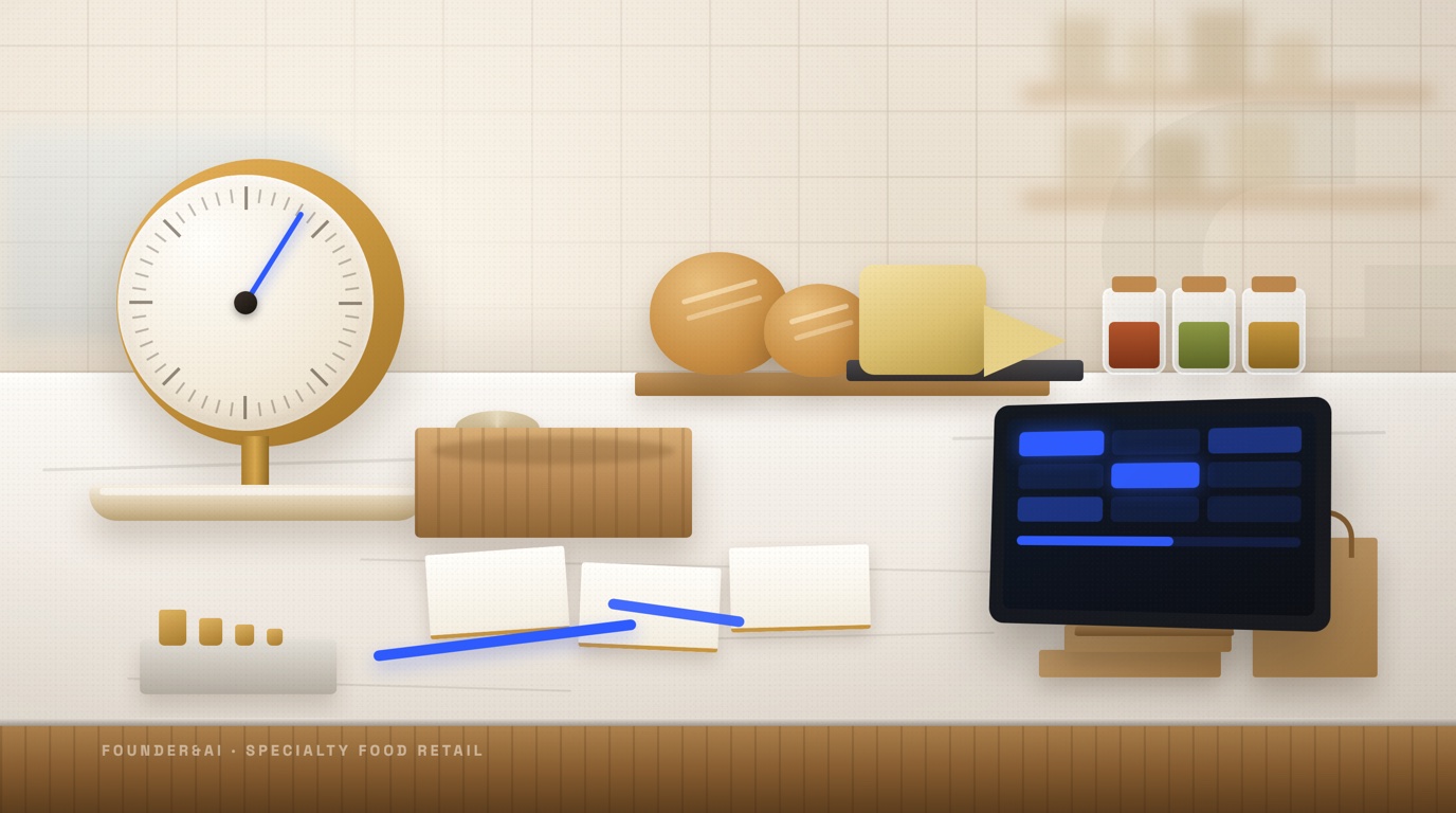 Custom specialty food retail software in Baltimore: a market counter before opening with a brass scale, a scrubbed cutting block, a roll of butcher paper, blank price cards, bread, cheese and a tablet showing an abstract blue order grid