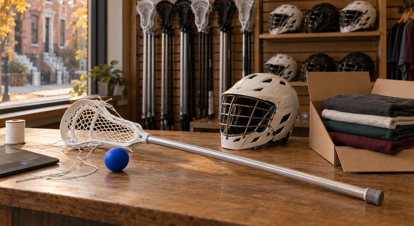Sporting goods store software in Baltimore: a half-strung white lacrosse stick lying across an oak shop counter beside a blue lacrosse ball, a white lacrosse helmet with a metal cage, an open shipping box of folded team jerseys, a spool of stringing cord and a tablet showing an abstract grid, with racks of sticks and shelves of helmets behind and a Baltimore rowhouse with marble steps through the window