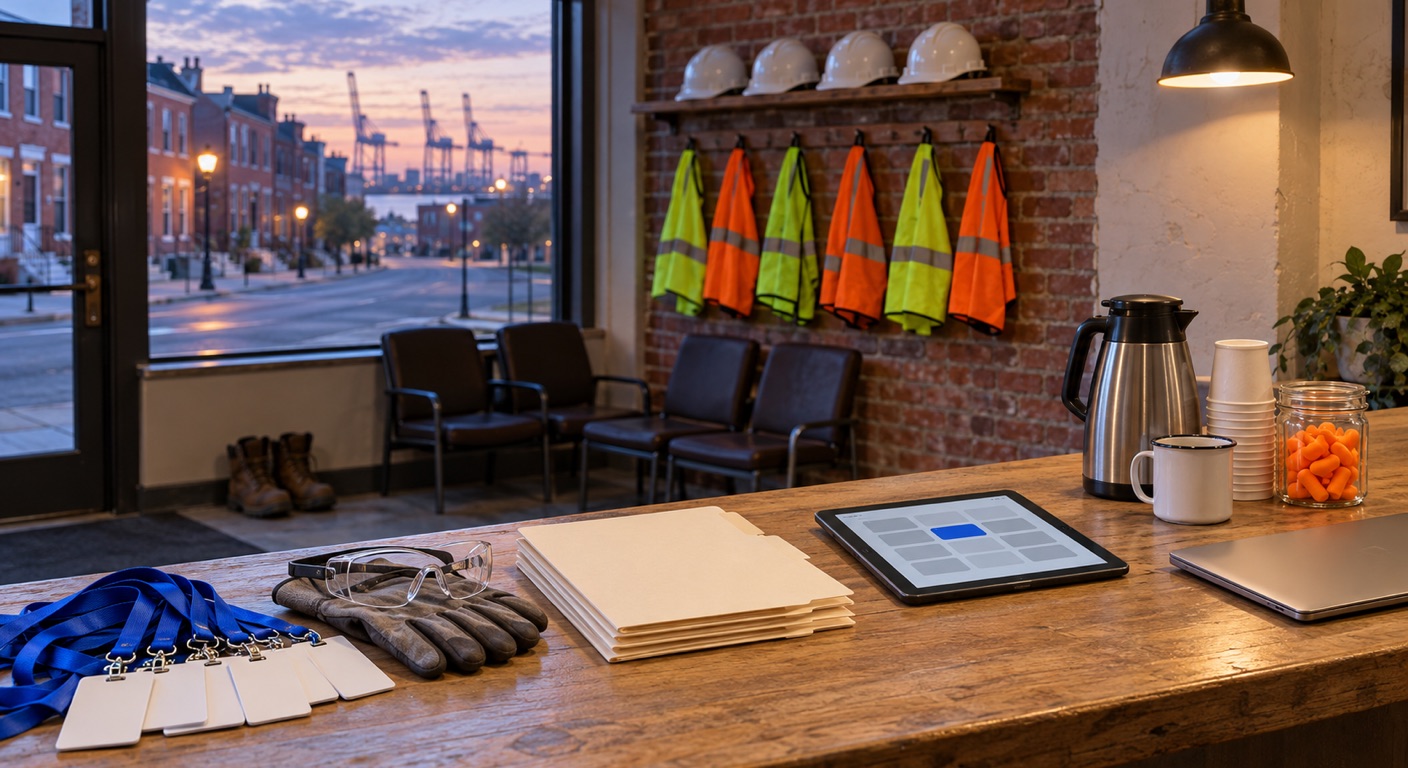 Staffing agency software in Baltimore: the front counter of a small staffing office in a Baltimore rowhouse storefront before dawn, with cornflower-blue lanyards on blank badges, safety glasses on work gloves, plain folders, a tablet showing a weekly shift grid with one blue block, a coffee carafe, a jar of earplugs and a closed laptop, hi-vis vests and white hard hats on a brick wall, empty waiting chairs, work boots by the door, and port cranes beyond the rowhouses