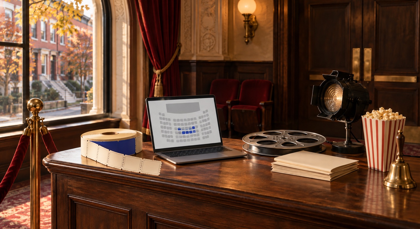 Theater and cinema ticketing software in Baltimore: the box office counter of an old Baltimore playhouse that also shows films, with a brass stanchion and red velvet rope, a roll of blank tickets held by a cornflower-blue band, a laptop showing a seating plan with a few seats highlighted in blue, a film reel, a stack of blank programs, a small theater spotlight, a striped popcorn box and a brass bell, red velvet seats and curtains behind, and rowhouses with marble steps through an arched window