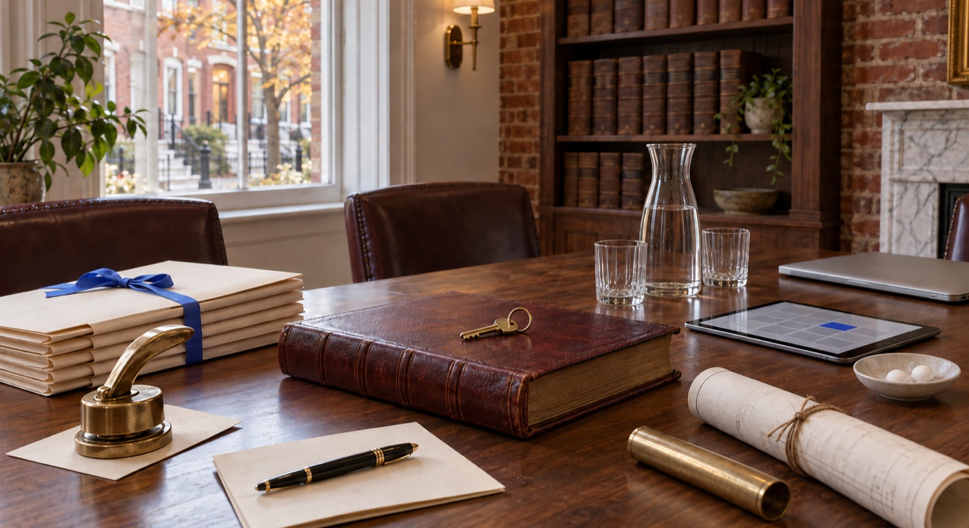 Title company software in Baltimore: a settlement room in a converted rowhouse set for a closing, with a closed oxblood leather land-records ledger and a brass house key at the center of a walnut table, cream closing folders tied with a cornflower-blue ribbon, a brass seal press, a fountain pen on blank paper, a rolled survey drawing beside a brass tube, a tablet showing a grid with one blue block, a water carafe and glasses, and through the window red-brick rowhouses with white marble steps and an autumn tree