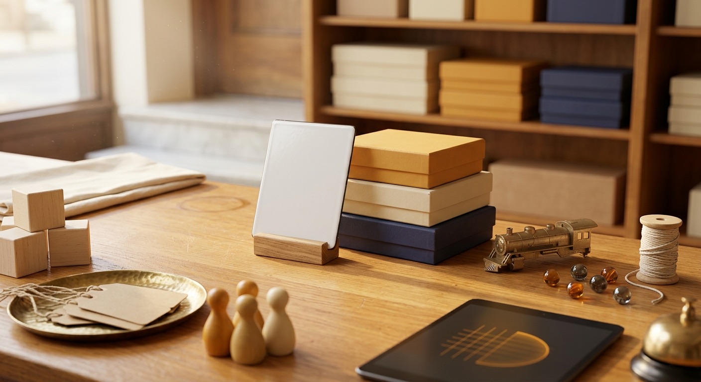 Toy and game store software in Baltimore: a blank enamel placard in a wooden stand on a shop counter, beside plain lidded boxes, wooden blocks and skittles, a brass tray of blank kraft tags, a raw brass model locomotive, glass marbles and a tablet showing an abstract amber grid