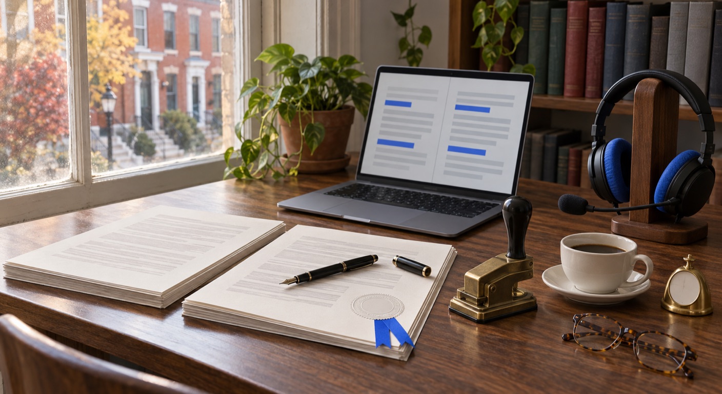 Translation and interpreting software in Baltimore: the desk of a small translation office in a Baltimore rowhouse on an autumn morning, with an original document and its translation in two stacks, a round embossed seal with a cornflower-blue ribbon, a brass seal embosser, a fountain pen, a laptop showing two aligned columns of text with blue highlights, an interpreting headset with cornflower-blue ear cushions on a walnut stand, a cup of coffee and reading glasses, and rowhouses with marble steps through the window