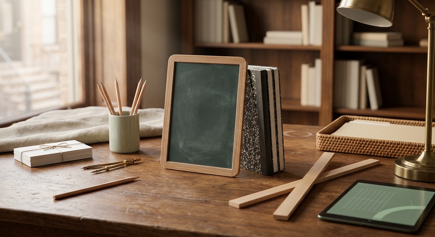 Tutoring and test-prep software in Baltimore: a blank slate chalkboard tile, stacked unmarked composition notebooks, a wooden ruler, a compass and a pencil resting on their own on a rowhouse study desk
