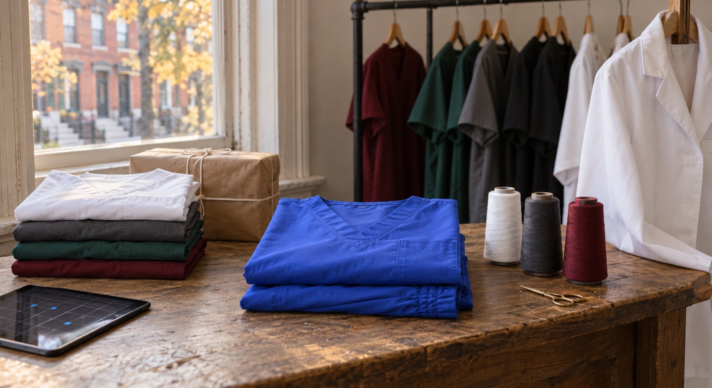 Uniform and scrubs store software in Baltimore: a folded cornflower-blue scrub top and pants at the center of a worn oak counter in a small uniform shop, beside a stack of folded scrubs in wine, hunter green, charcoal and white, a bundle wrapped in kraft paper, three cones of embroidery thread, brass scissors, a white lab coat on a hanger and a tablet showing an abstract grid, with a rail of scrubs and a window looking out on Baltimore rowhouses with white marble steps