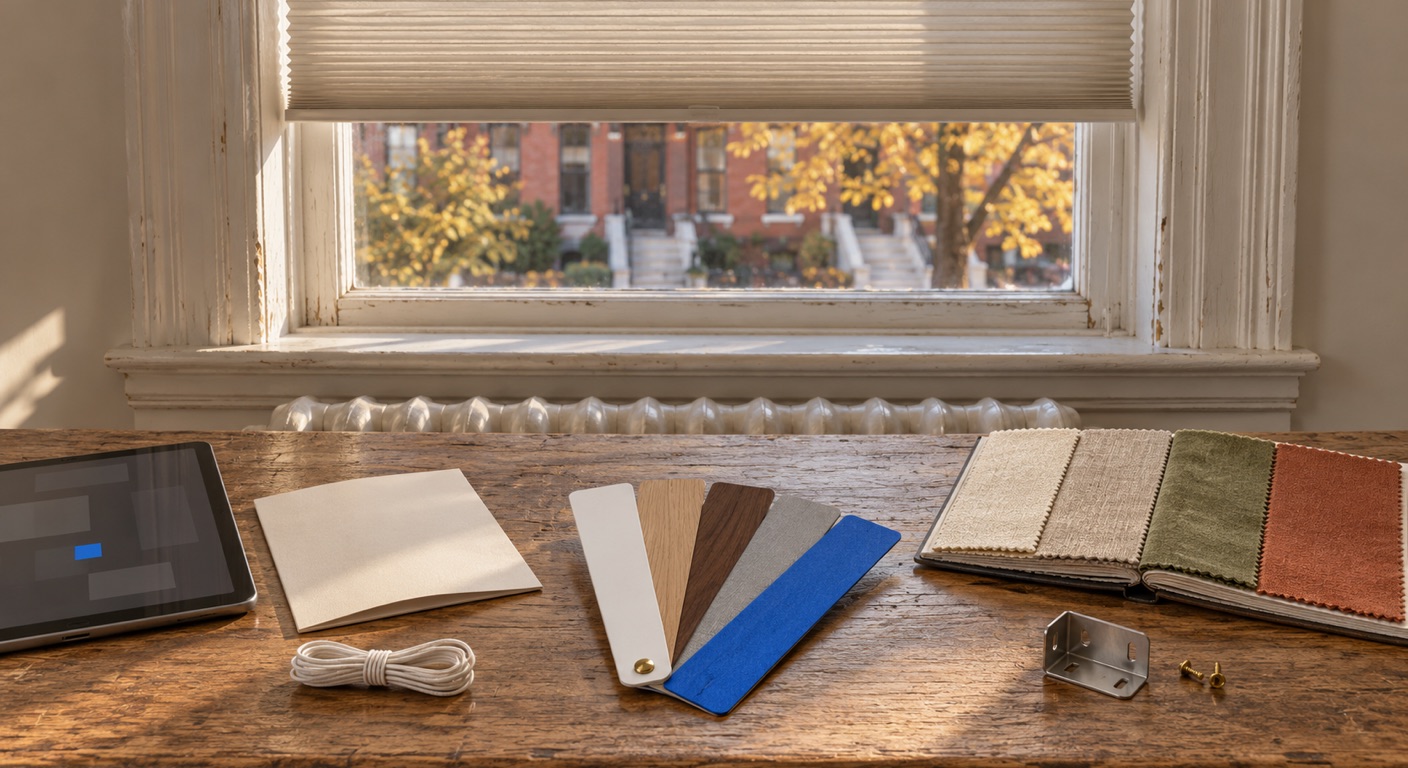 Window treatment software in Baltimore: a fan of five blind sample slats in white, oak, walnut, gray and one cornflower blue on a worn oak table, with a fabric swatch book, a steel shade bracket and two brass screws, a blank folded contract, a coiled length of white cord and a tablet showing an abstract grid, in front of an old painted window with a raised cordless honeycomb shade, a radiator below and Baltimore rowhouses with white marble steps across the street