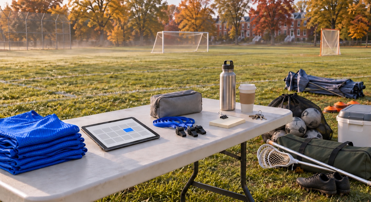 Youth sports league software in Baltimore: a check-in table on the sideline of a community field on an October morning, with folded cornflower-blue scrimmage pinnies, a tablet showing a weekly grid with one blue block, whistles on blue lanyards, a first-aid pouch, blank index cards, keys, a coffee and a water bottle, and on the grass a mesh bag of soccer balls, orange cones, two lacrosse sticks on an equipment bag, a cooler and a pair of cleats, with a soccer goal, a lacrosse goal, a baseball backstop, autumn trees and red-brick rowhouses behind